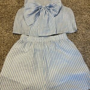 Casual Blue and White Striped Romper with Elastic Waist